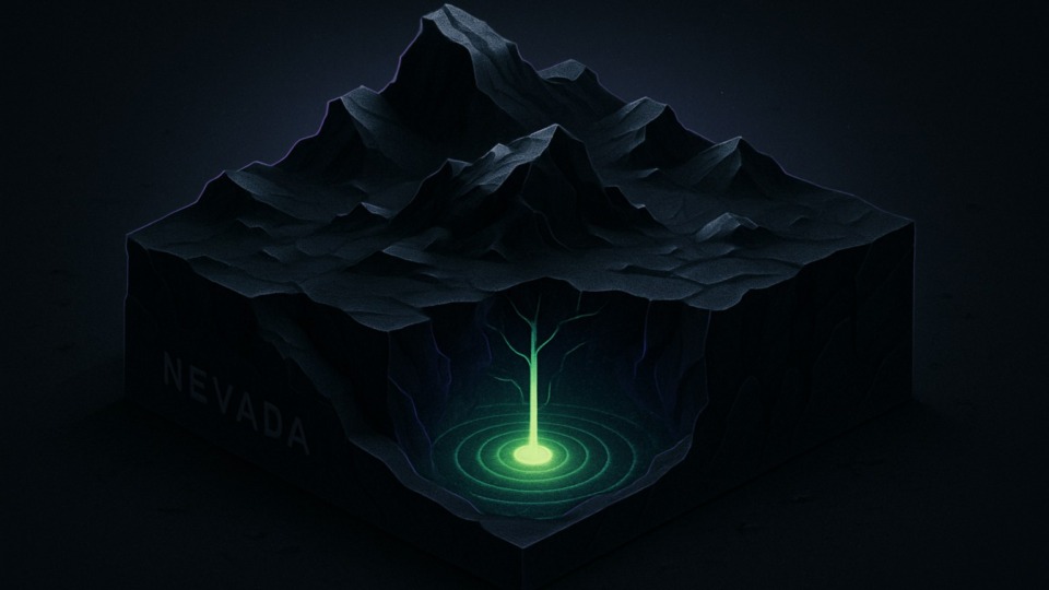 Ilustracja przedstawiająca ukryty zasób geotermalny w Nevadzie na ciemnym tle.