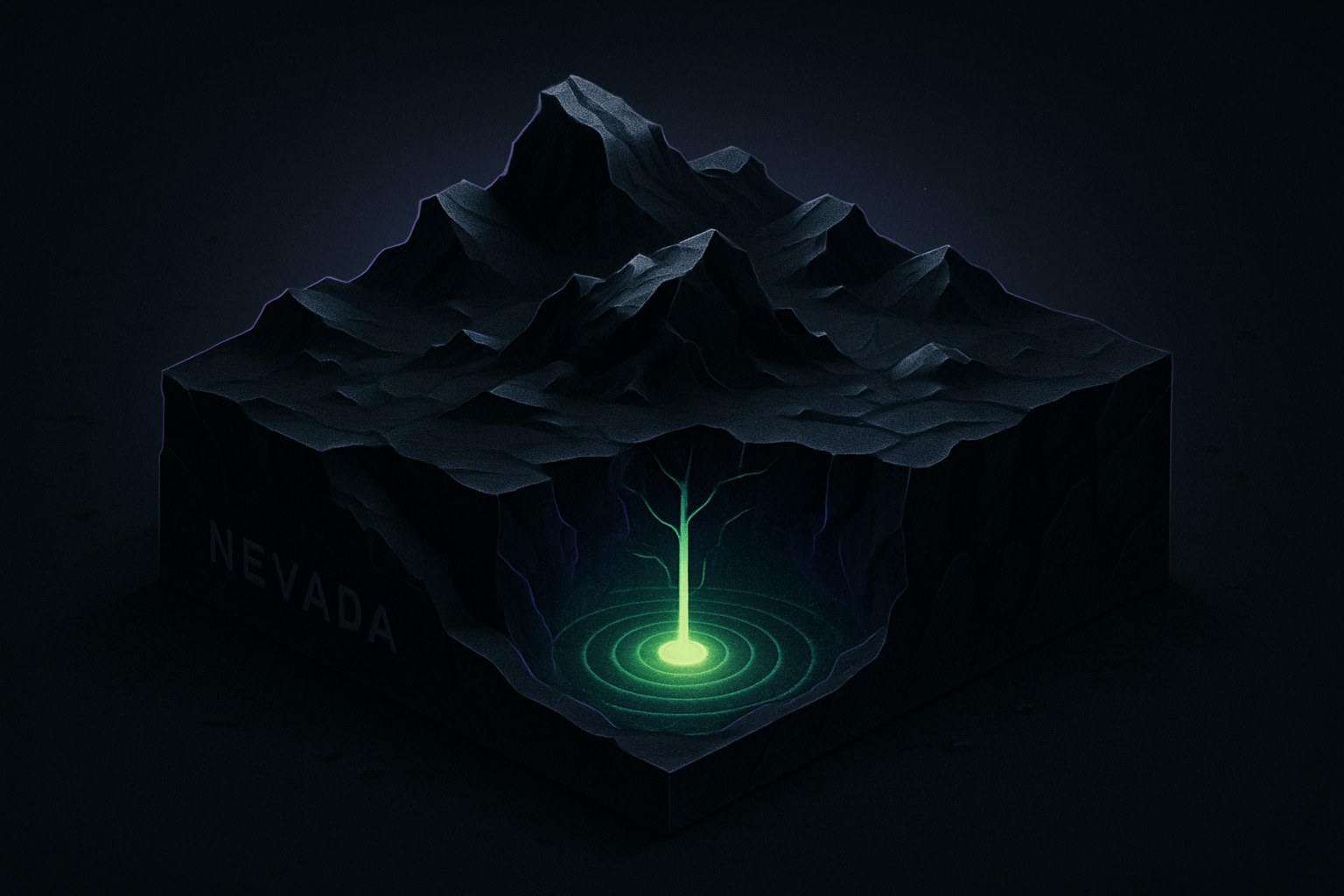 Ilustracja przedstawiająca ukryty zasób geotermalny w Nevadzie na ciemnym tle.