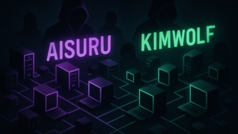 Ilustracja przedstawiająca sieć botnetów w ciemnej, neonowej estetyce.