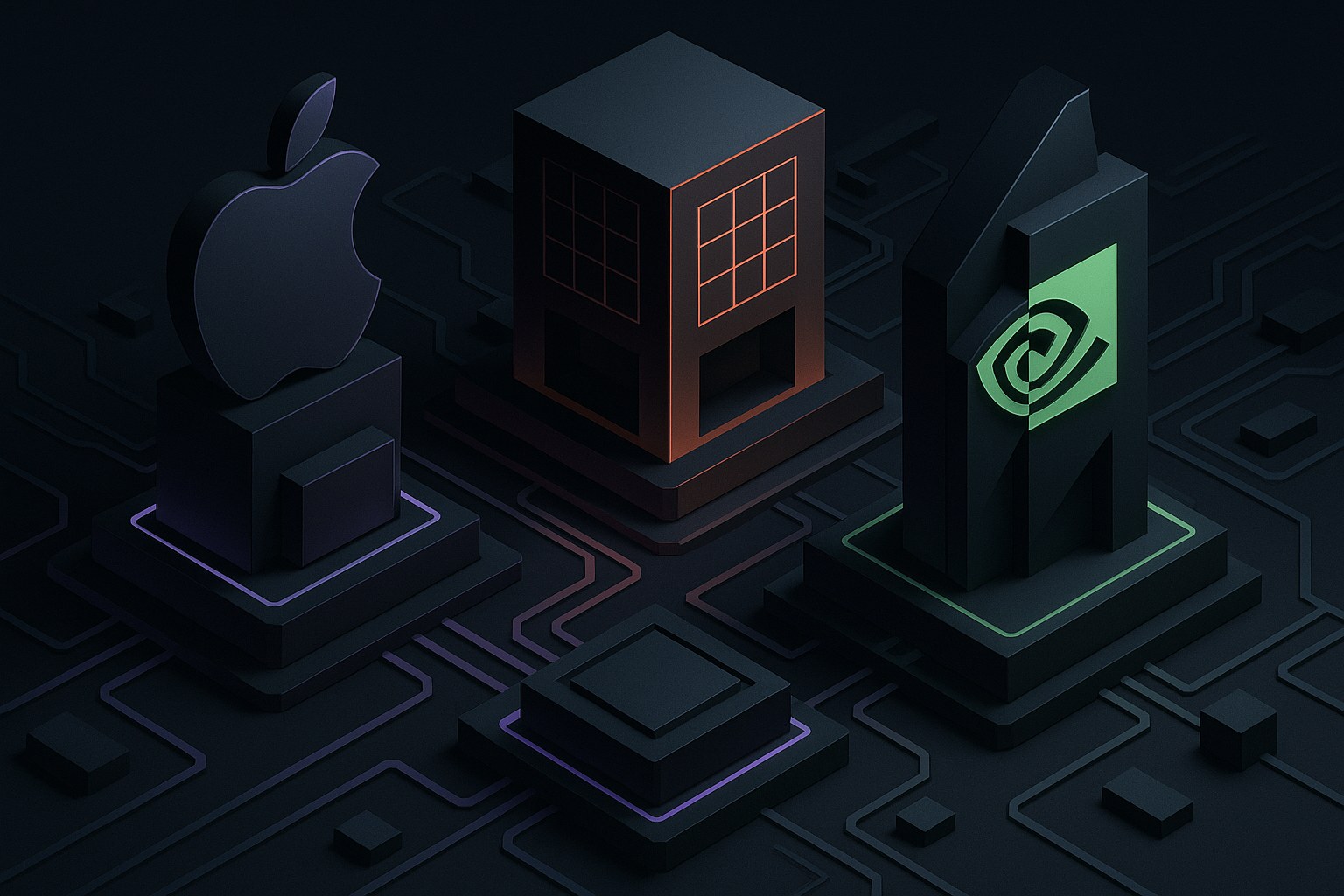 Ilustracja przedstawiająca futurystyczny krajobraz półprzewodników w stylu 2.5D.