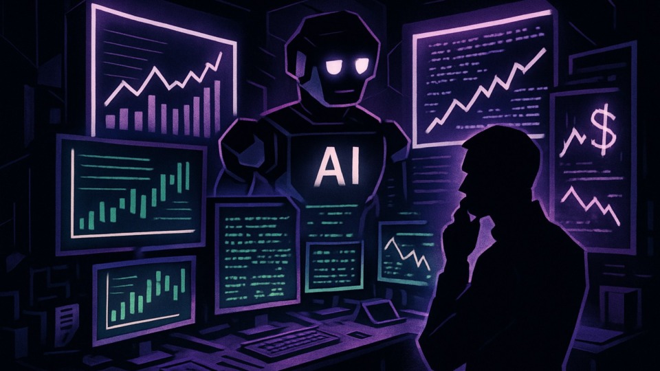 Ilustracja przedstawiająca futurystyczne centrum kontroli finansowej z systemami AI.