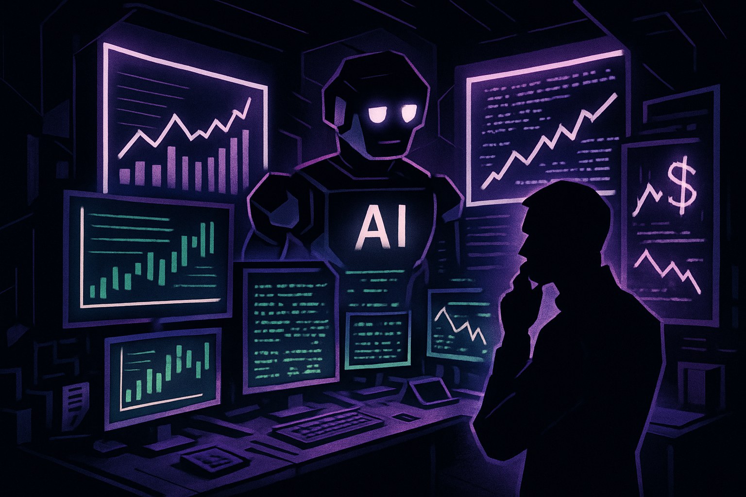 Ilustracja przedstawiająca futurystyczne centrum kontroli finansowej z systemami AI.