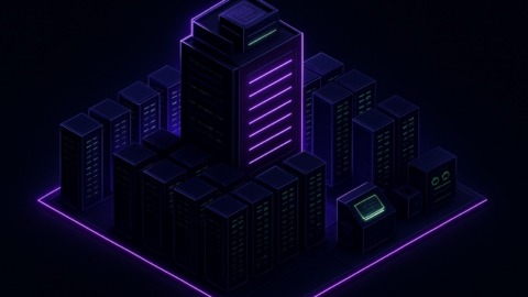 Futurystyczne centrum danych z neonowym oświetleniem na ciemnym tle.