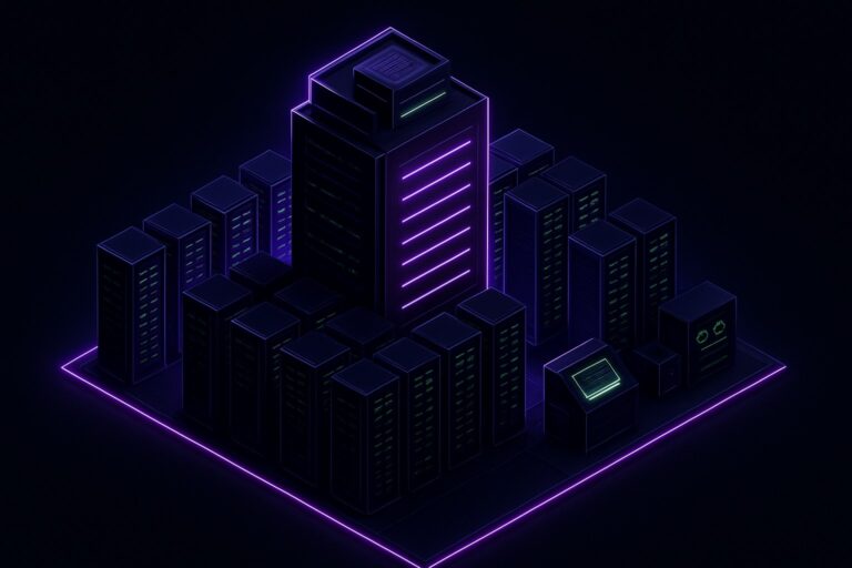 Futurystyczne centrum danych z neonowym oświetleniem na ciemnym tle.