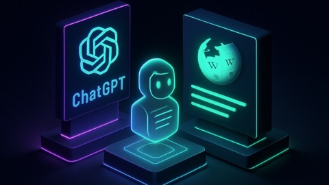 Futurystyczna ilustracja przedstawiająca interfejs AI i symbol Wikipedii.