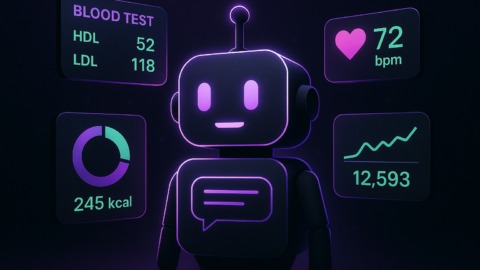 Ilustracja przedstawiająca interfejs chatbota zdrowotnego w futurystycznym stylu.