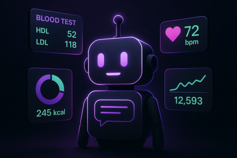 Ilustracja przedstawiająca interfejs chatbota zdrowotnego w futurystycznym stylu.
