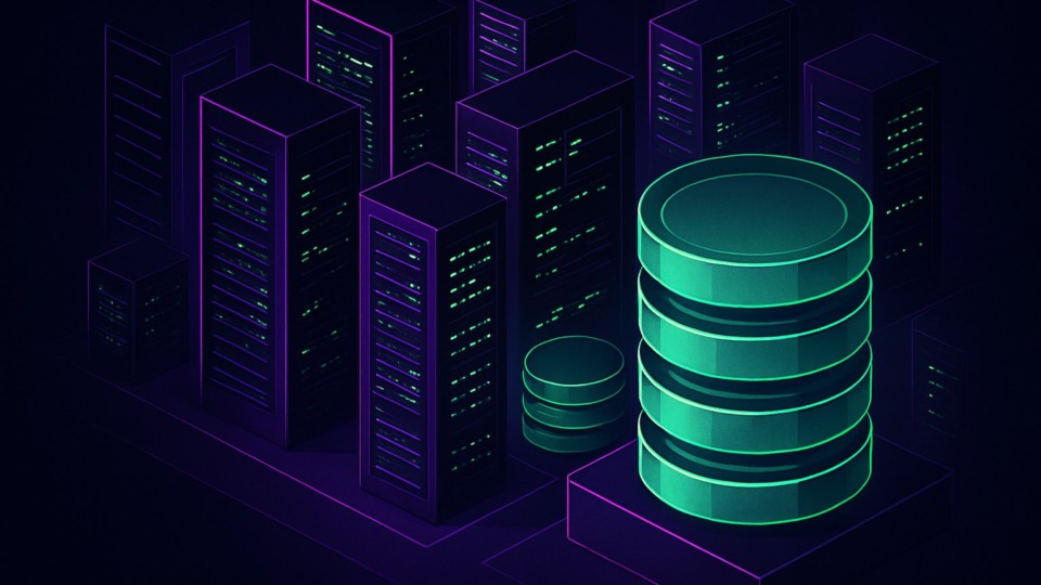 Futurystyczne centrum danych z serwerami i bazami danych w neonowych kolorach.