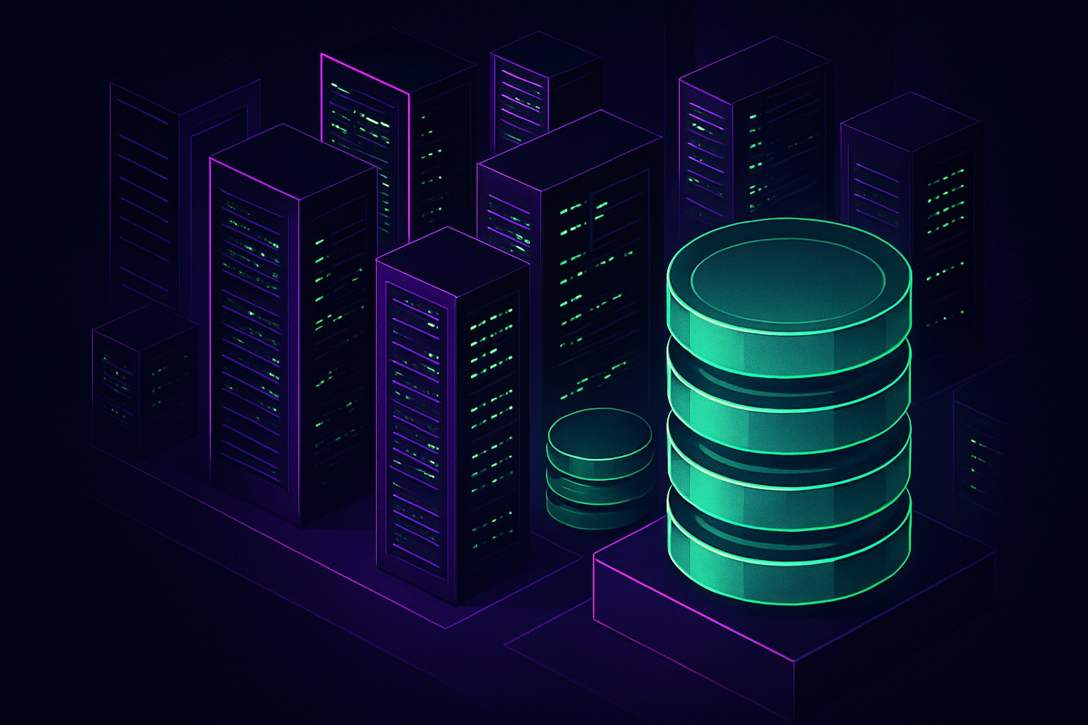 Futurystyczne centrum danych z serwerami i bazami danych w neonowych kolorach.