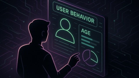 Ilustracja przedstawiająca interfejs analizy wieku użytkownika w futurystycznym stylu.