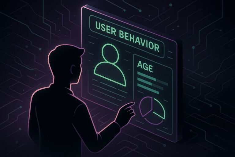 Ilustracja przedstawiająca interfejs analizy wieku użytkownika w futurystycznym stylu.
