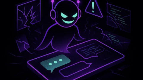 Ilustracja przedstawiająca interfejs chatbota w futurystycznym, ciemnym otoczeniu.