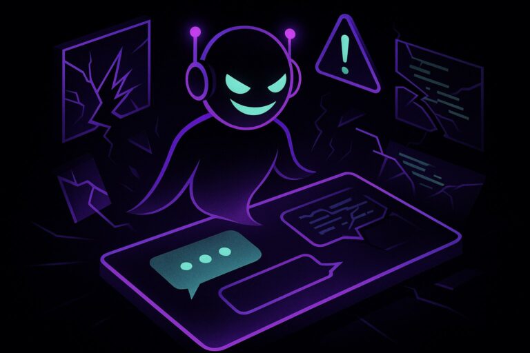 Ilustracja przedstawiająca interfejs chatbota w futurystycznym, ciemnym otoczeniu.