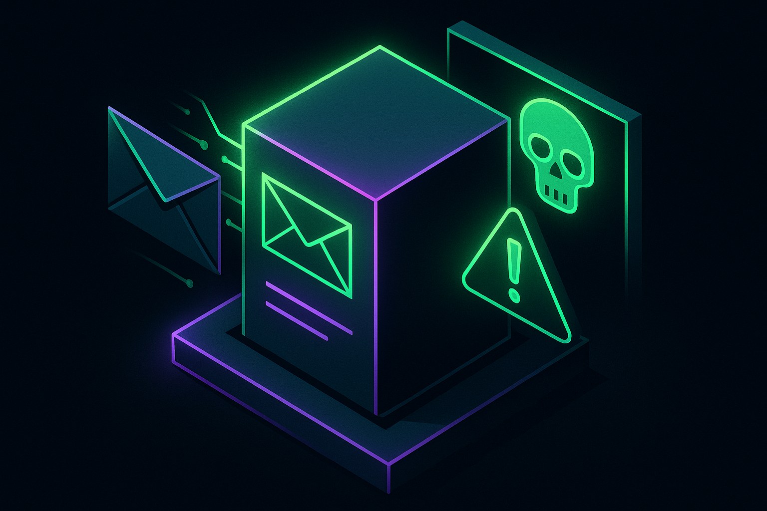 Ilustracja przedstawiająca zagrożoną bramę e-mailową w stylu 2.5D.