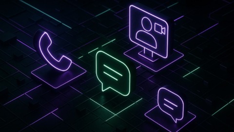 Ilustracja przedstawiająca systemy komunikacji z neonowymi akcentami na ciemnym tle.