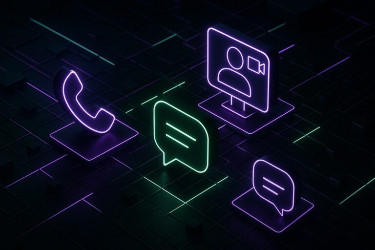 Ilustracja przedstawiająca systemy komunikacji z neonowymi akcentami na ciemnym tle.