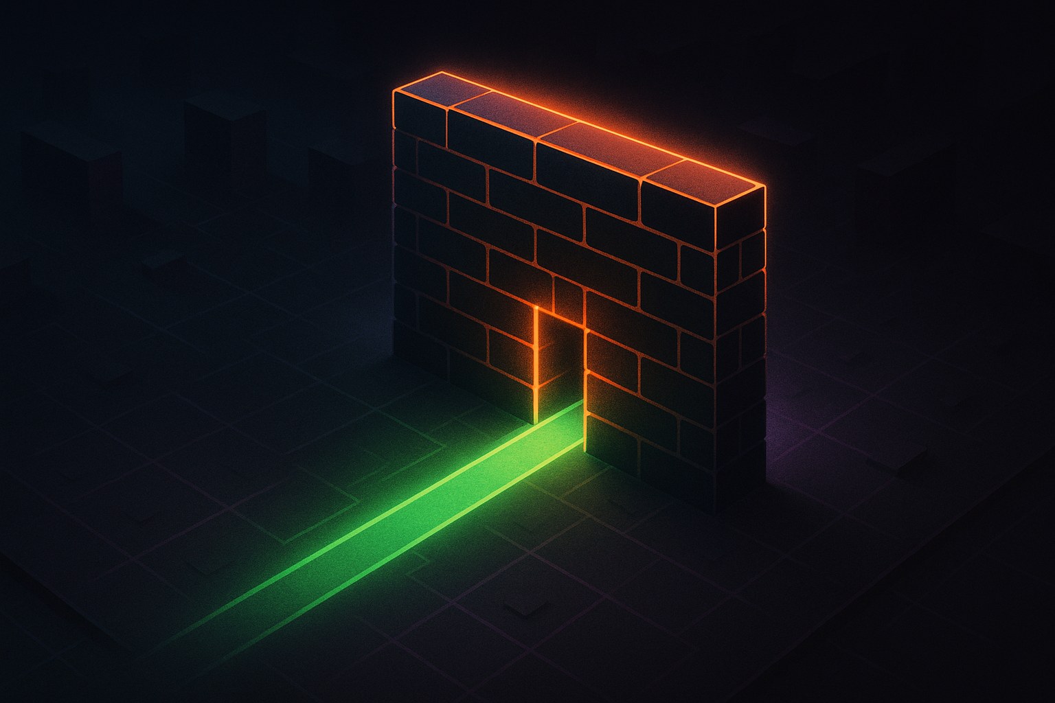 Ilustracja przedstawiająca zaporę ogniową z neonowym szlakiem prowadzącym do niej.