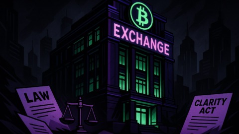 Ilustracja przedstawiająca giełdę kryptowalut w futurystycznym mieście, z elementami prawnymi.