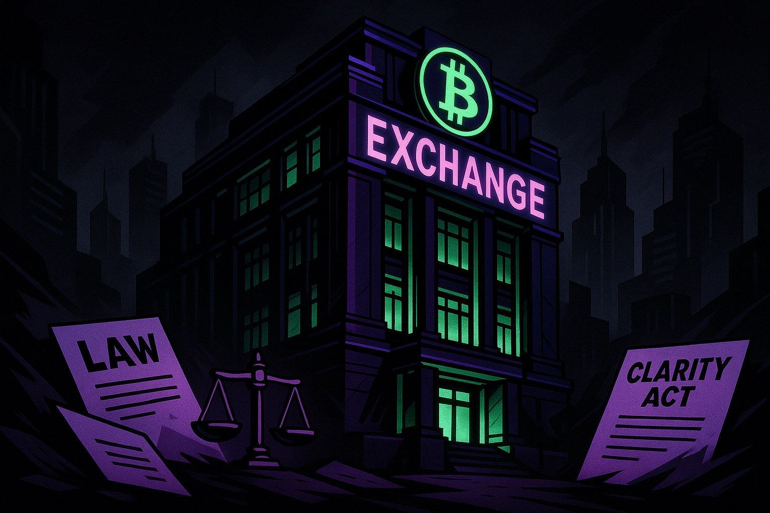 Ilustracja przedstawiająca giełdę kryptowalut w futurystycznym mieście, z elementami prawnymi.