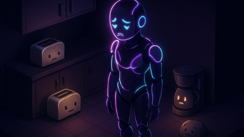 Futurystyczna scena z emocjonalnym AI i antropomorficznymi urządzeniami w ciemnym otoczeniu.