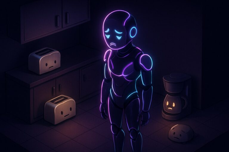 Futurystyczna scena z emocjonalnym AI i antropomorficznymi urządzeniami w ciemnym otoczeniu.