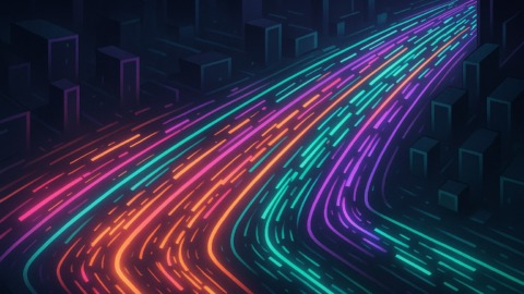 Ilustracja przedstawiająca ruchliwą autostradę z neonowymi transakcjami w stylu 2.5D.
