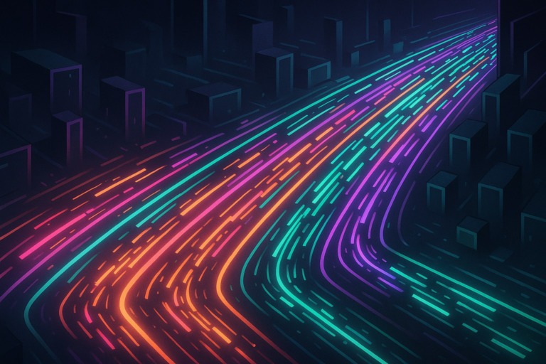 Ilustracja przedstawiająca ruchliwą autostradę z neonowymi transakcjami w stylu 2.5D.