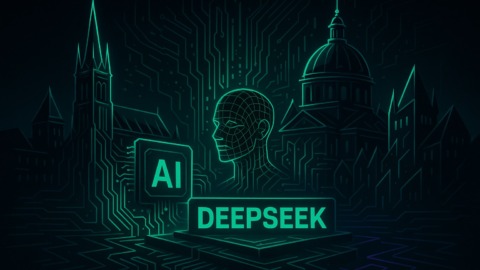 Futurystyczny krajobraz miasta z abstrakcyjnymi elementami technologii AI w neonowych kolorach.