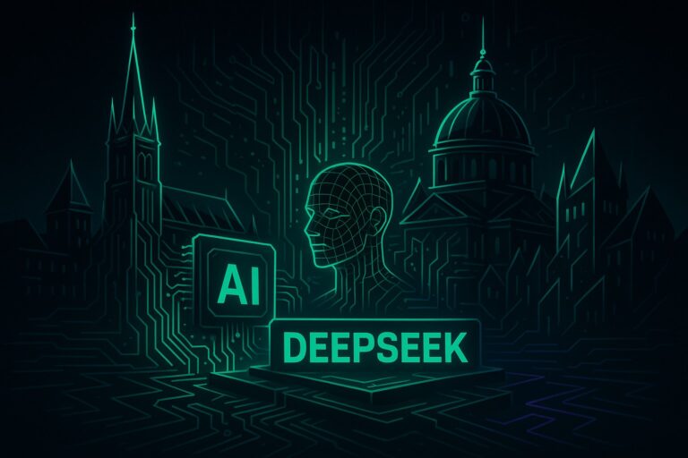 Futurystyczny krajobraz miasta z abstrakcyjnymi elementami technologii AI w neonowych kolorach.