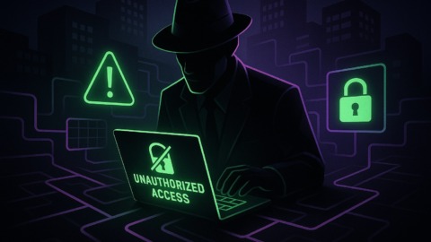 Ilustracja przedstawiająca brokera w mrocznym, technologicznym otoczeniu.