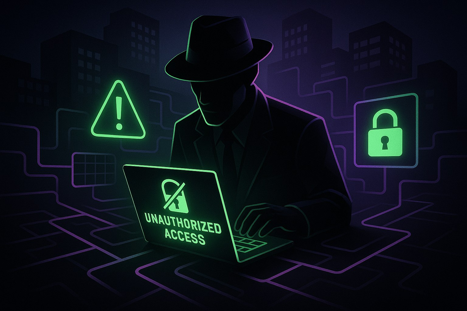 Ilustracja przedstawiająca brokera w mrocznym, technologicznym otoczeniu.