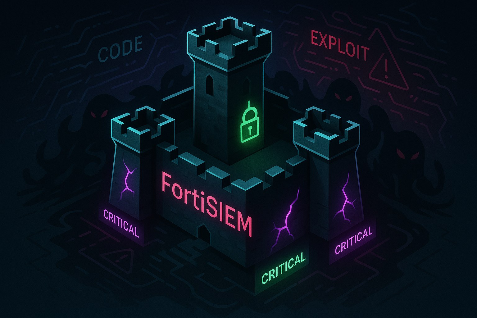 Ilustracja przedstawiająca fortecę cyfrową z neonowymi akcentami na ciemnym tle.