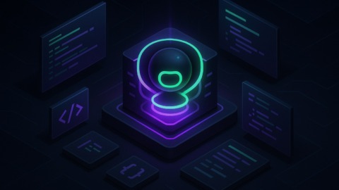 Ilustracja przedstawiająca futurystyczne środowisko programistyczne z inteligentnym rdzeniem agenta.