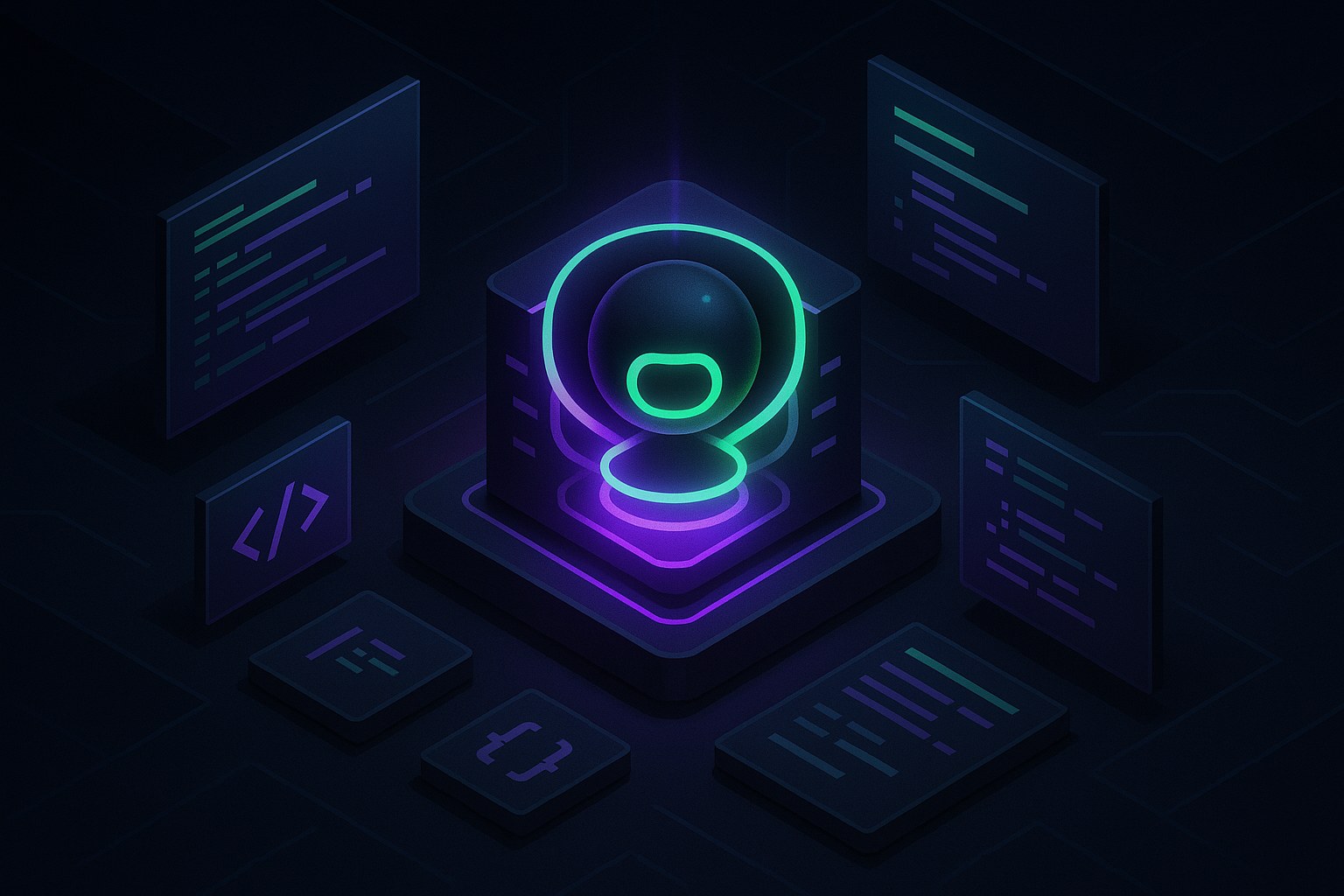 Ilustracja przedstawiająca futurystyczne środowisko programistyczne z inteligentnym rdzeniem agenta.