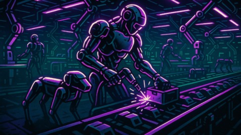 Futurystyczna fabryka z humanoidalnymi robotami i robotami-dogami pracującymi na linii montażowej.