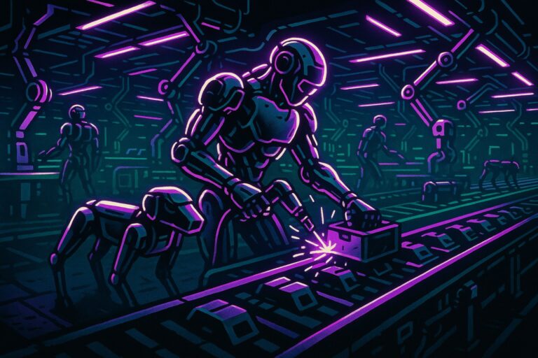 Futurystyczna fabryka z humanoidalnymi robotami i robotami-dogami pracującymi na linii montażowej.