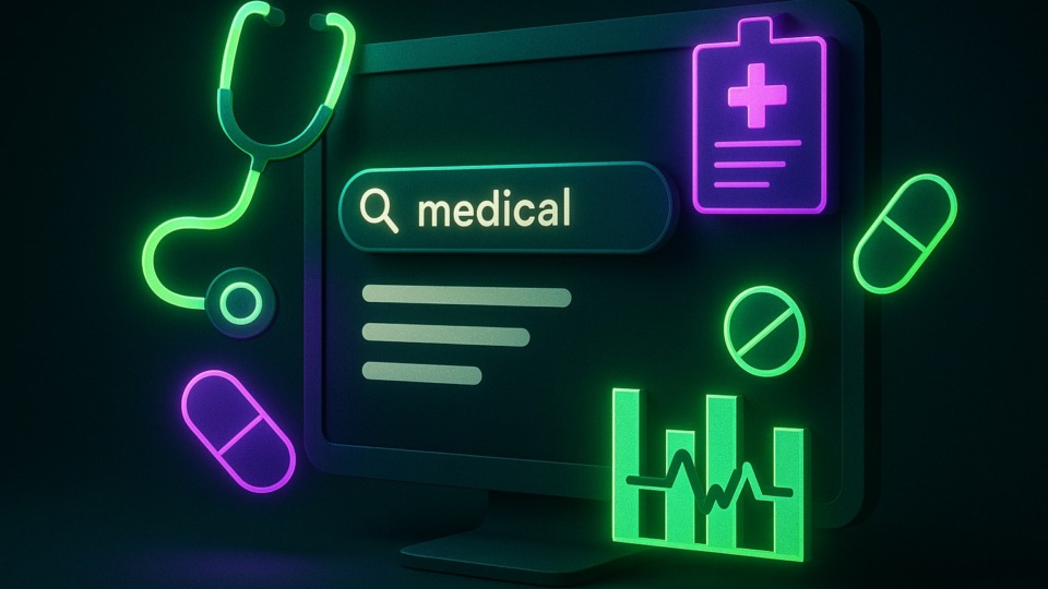 Ilustracja przedstawiająca interfejs wyszukiwarki z symbolami medycznymi na ciemnym tle.