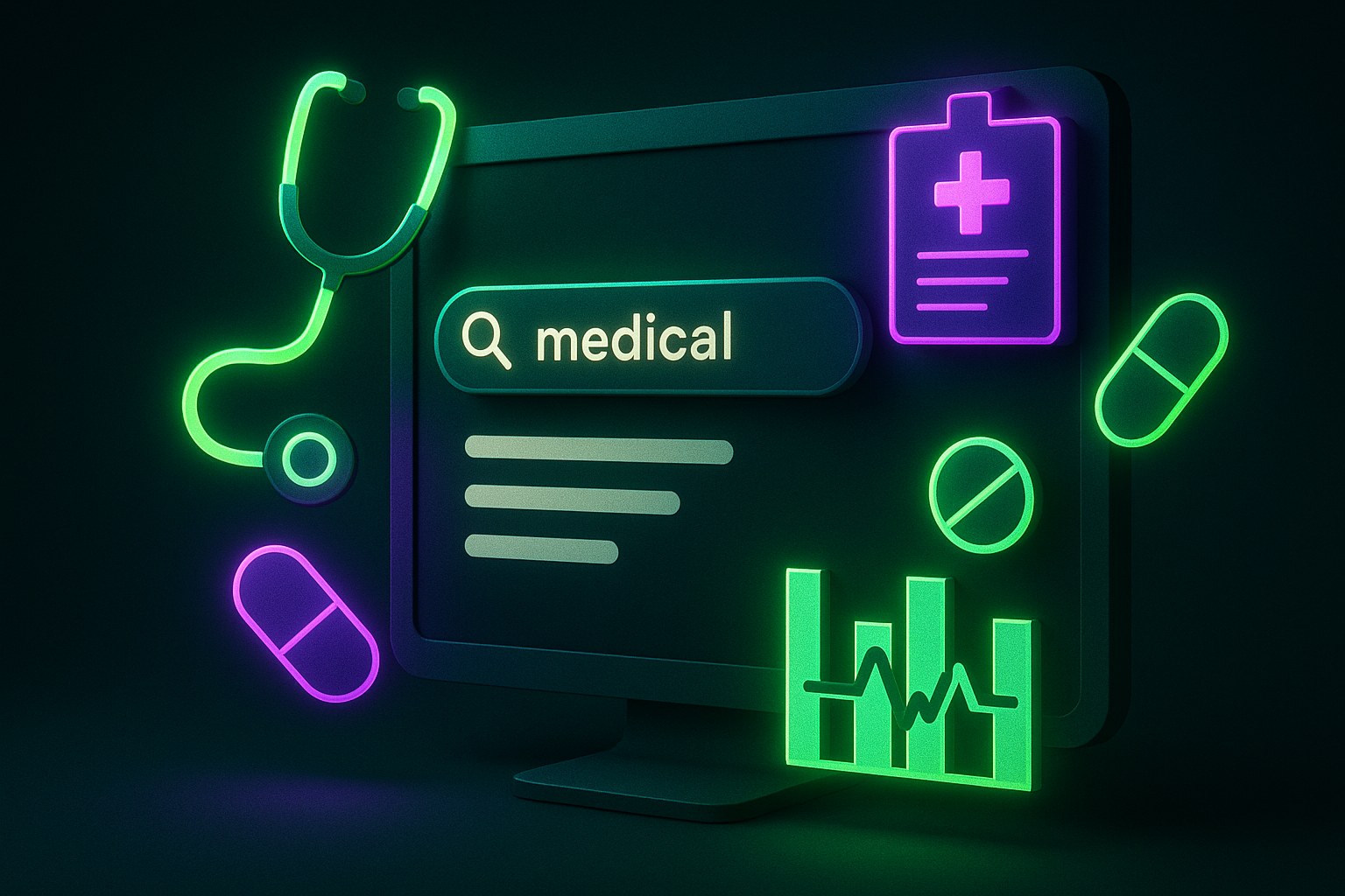 Ilustracja przedstawiająca interfejs wyszukiwarki z symbolami medycznymi na ciemnym tle.