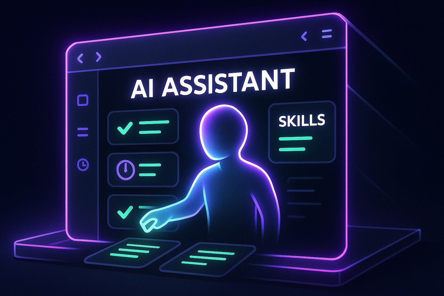 Futurystyczny interfejs przeglądarki z AI wykonującym zadania automatycznie.