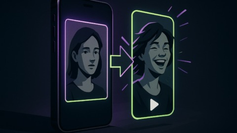 Ilustracja przedstawiająca smartfon przekształcający zdjęcie portretowe w wideo.