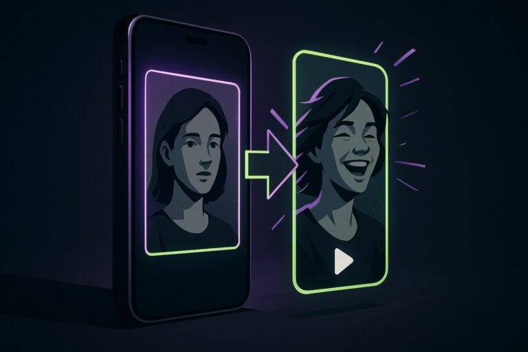 Ilustracja przedstawiająca smartfon przekształcający zdjęcie portretowe w wideo.