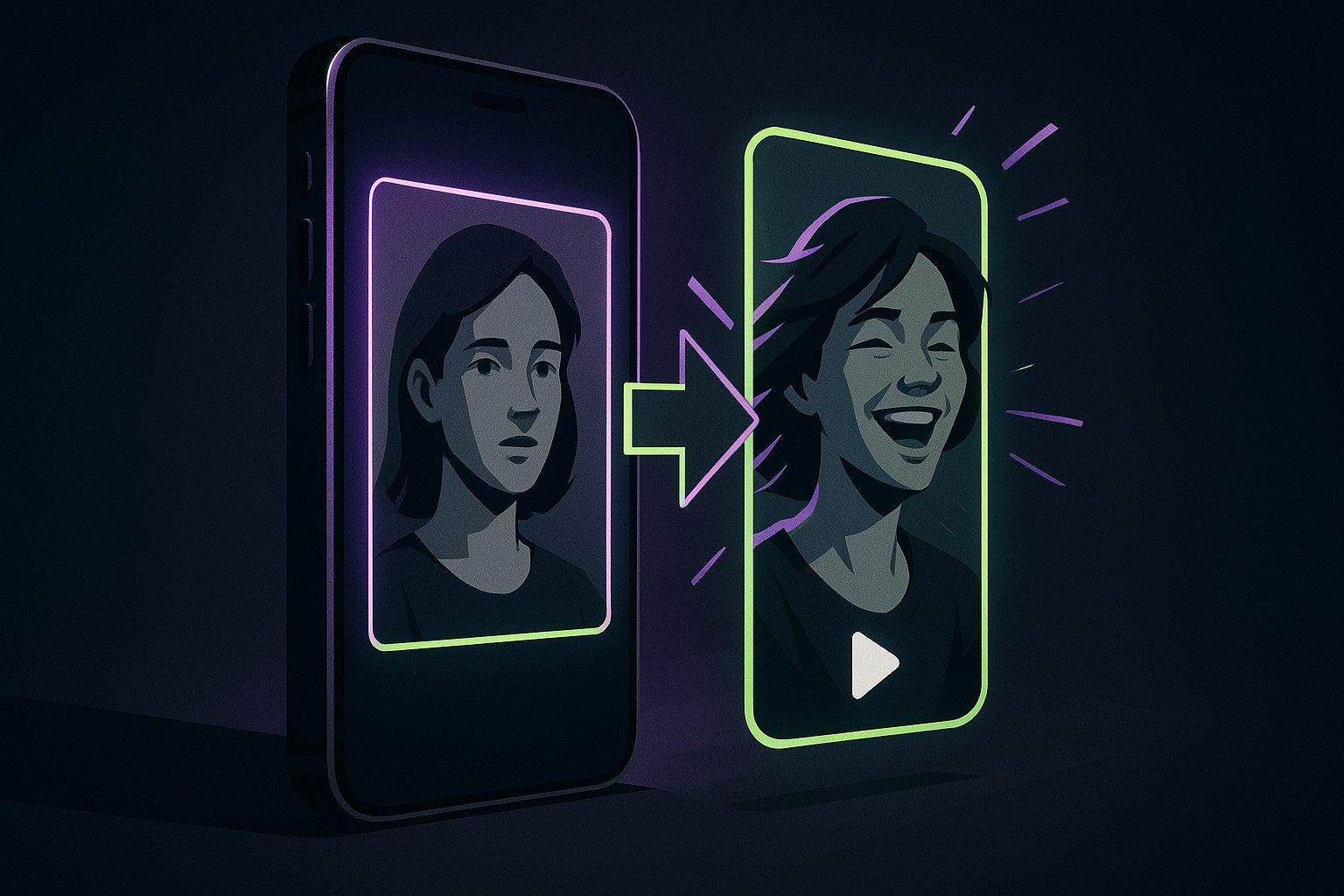 Ilustracja przedstawiająca smartfon przekształcający zdjęcie portretowe w wideo.