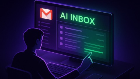 Ilustracja przedstawiająca nowoczesny interfejs Gmaila z funkcją AI Inbox.