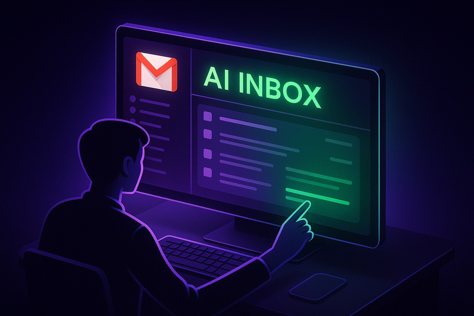 Ilustracja przedstawiająca nowoczesny interfejs Gmaila z funkcją AI Inbox.