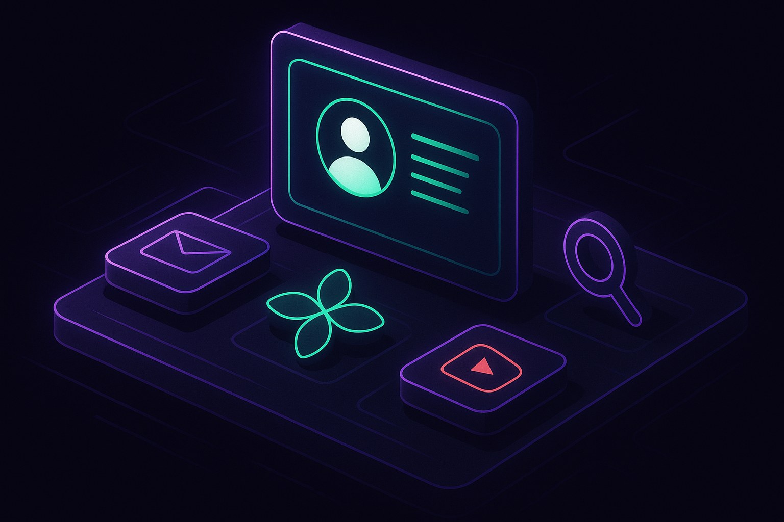 Ilustracja przedstawiająca zintegrowany interfejs usług Google w stylu 2.5D.