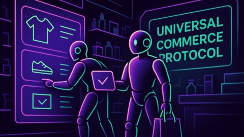 Ilustracja przedstawiająca futurystyczną scenę zakupów z agentami AI w stylu 2.5D.