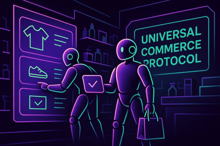 Ilustracja przedstawiająca futurystyczną scenę zakupów z agentami AI w stylu 2.5D.