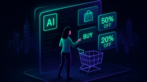 Ilustracja przedstawiająca futurystyczne zakupy z AI w stylu 2.5D na ciemnym tle.