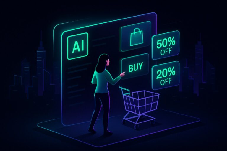 Ilustracja przedstawiająca futurystyczne zakupy z AI w stylu 2.5D na ciemnym tle.