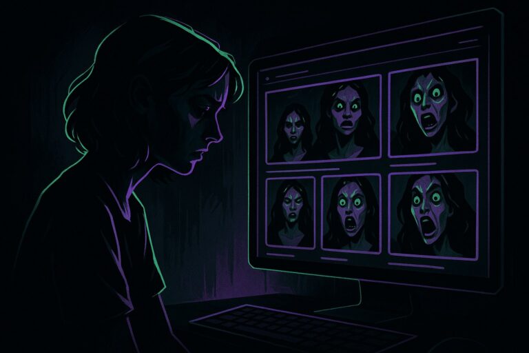 Ilustracja przedstawiająca mroczne oblicze AI wpływające na życie kobiet.